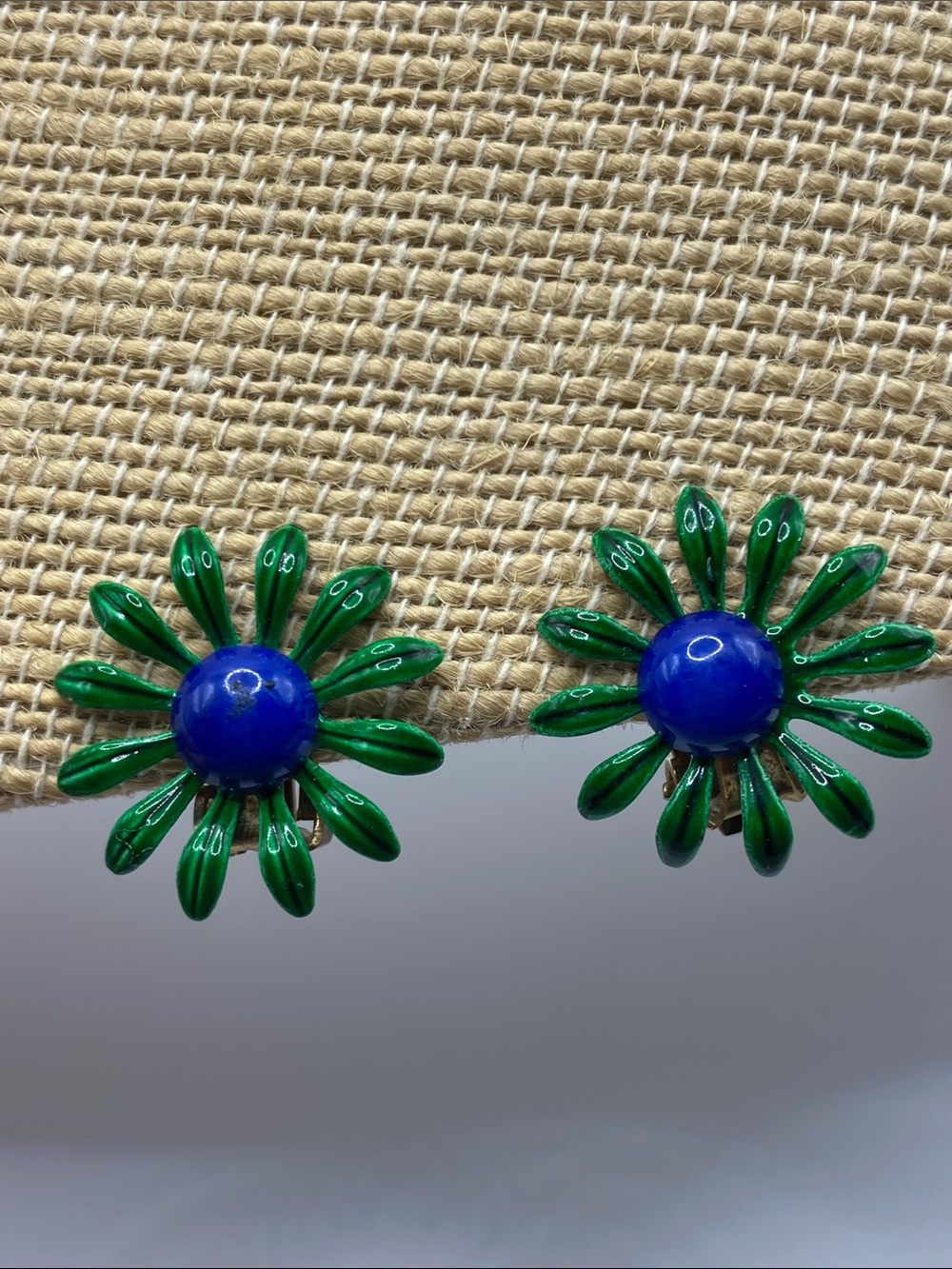 Vintage Blue/Green Daisy Clip On Earrings